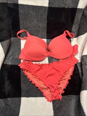 LIKE NEW - Victoria's Secret Coral Pink Ruffled Bikini Set